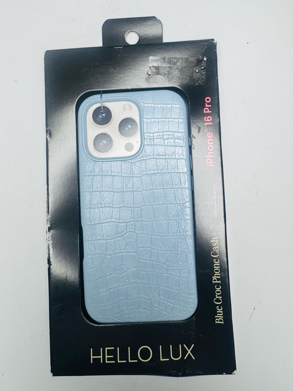 HELLO LUX Blue Croc Phone Case for iPhone 16 Pro – Light Blue Faux Crocodile Tex